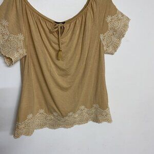 Adrianna Papell Yellow Tie Neck Embroidered Women Casual Peasant Blouse NWT Sz L